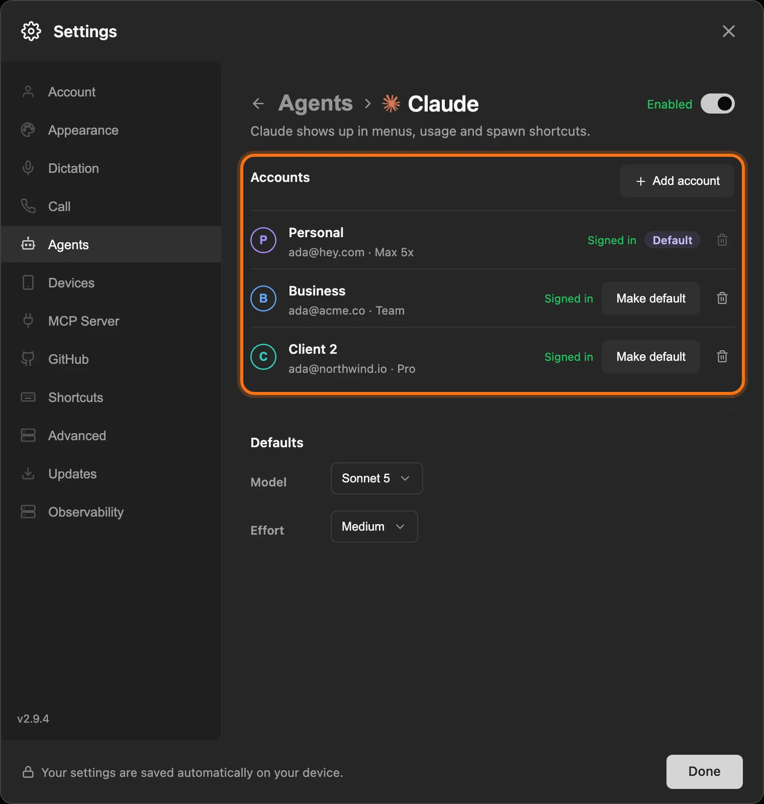 The Settings dialog, Agents section, Claude page, with the Accounts list highlighted: Personal (Default), Business and Client 2, all signed in.