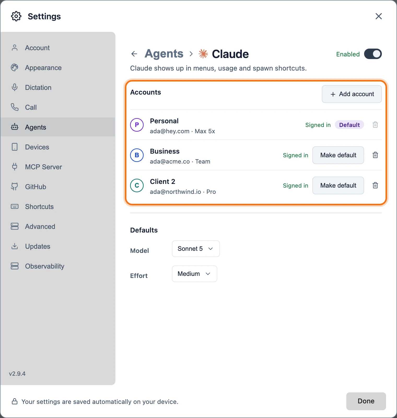 The Settings dialog, Agents section, Claude page, with the Accounts list highlighted: Personal (Default), Business and Client 2, all signed in.
