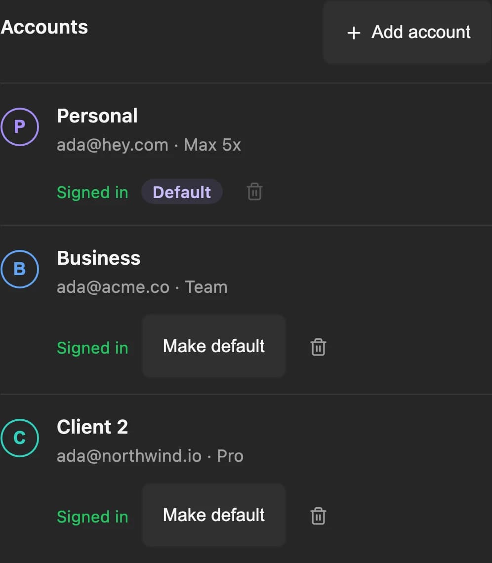 The Claude Accounts list in its narrow-width layout: Personal (Default), Business and Client 2, each Signed in, with Add account and Make default stacked under each account.