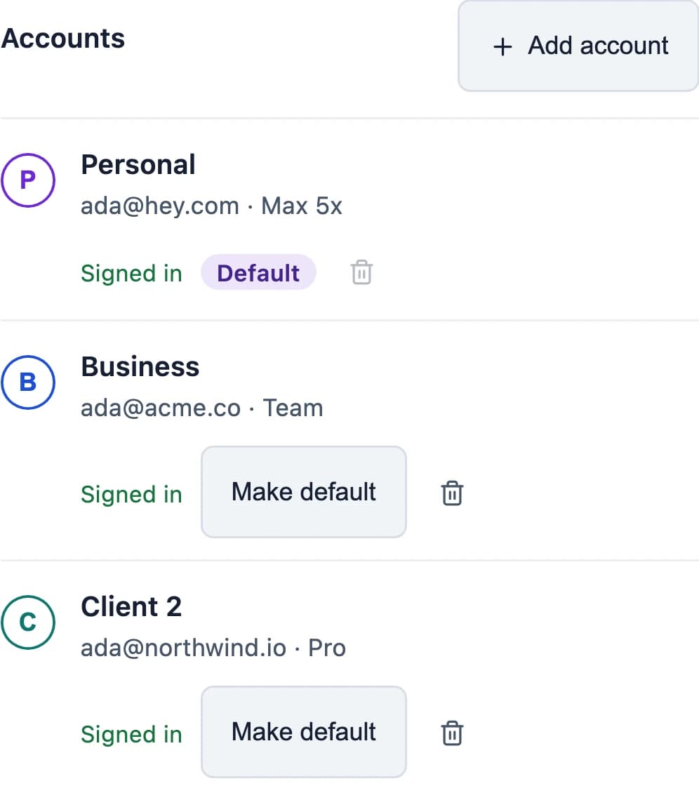 The Claude Accounts list in its narrow-width layout: Personal (Default), Business and Client 2, each Signed in, with Add account and Make default stacked under each account.