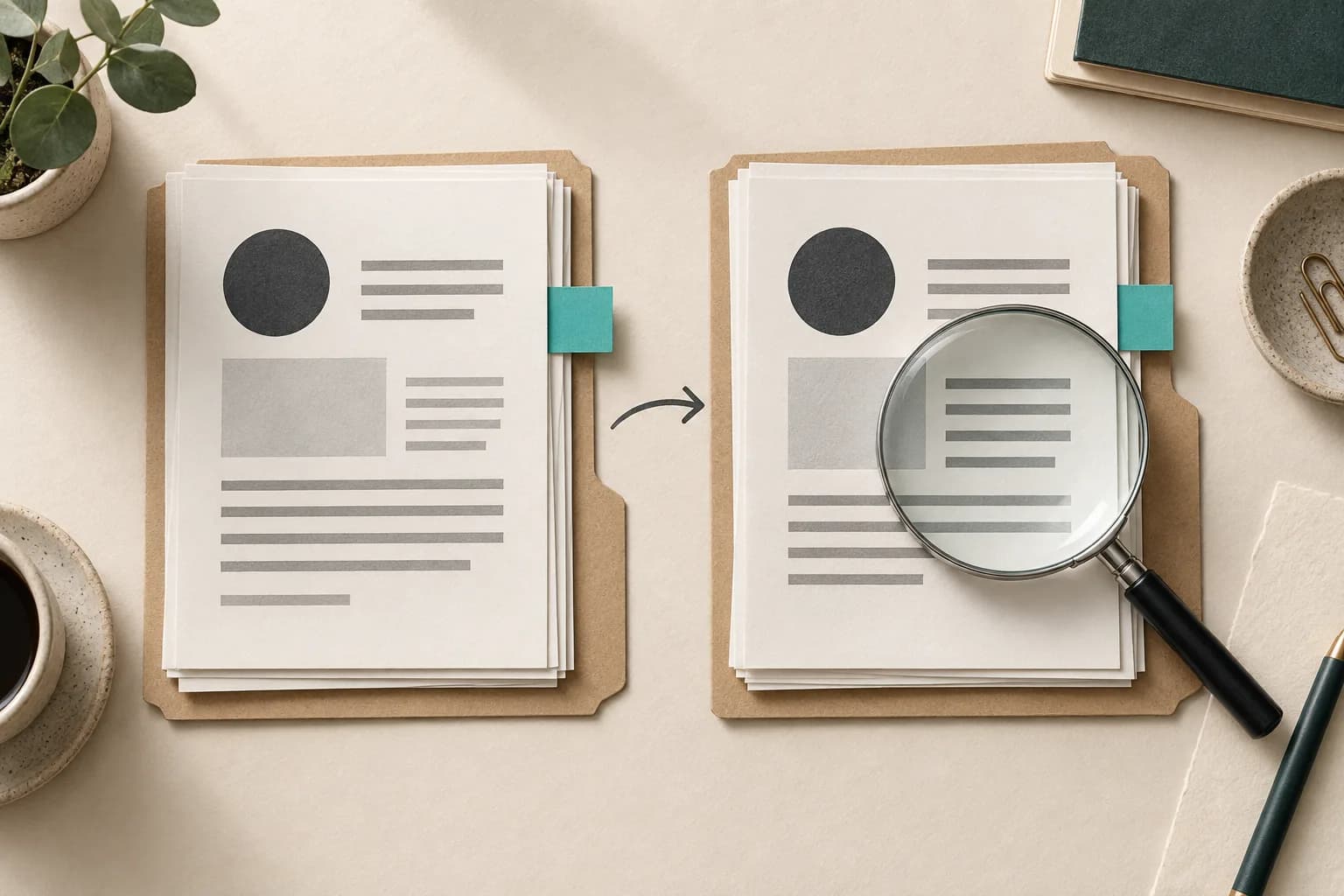 Conceptual illustration of two report folders linked by an arrow, with matching teal tabs and a magnifying glass over the second report.