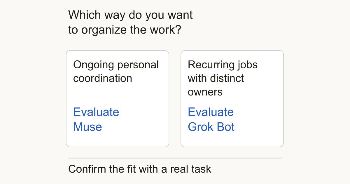 Two starting points for evaluation: Muse for ongoing personal coordination, and Grok Bot for recurring jobs with distinct owners. Both lead to testing the fit with a real task.