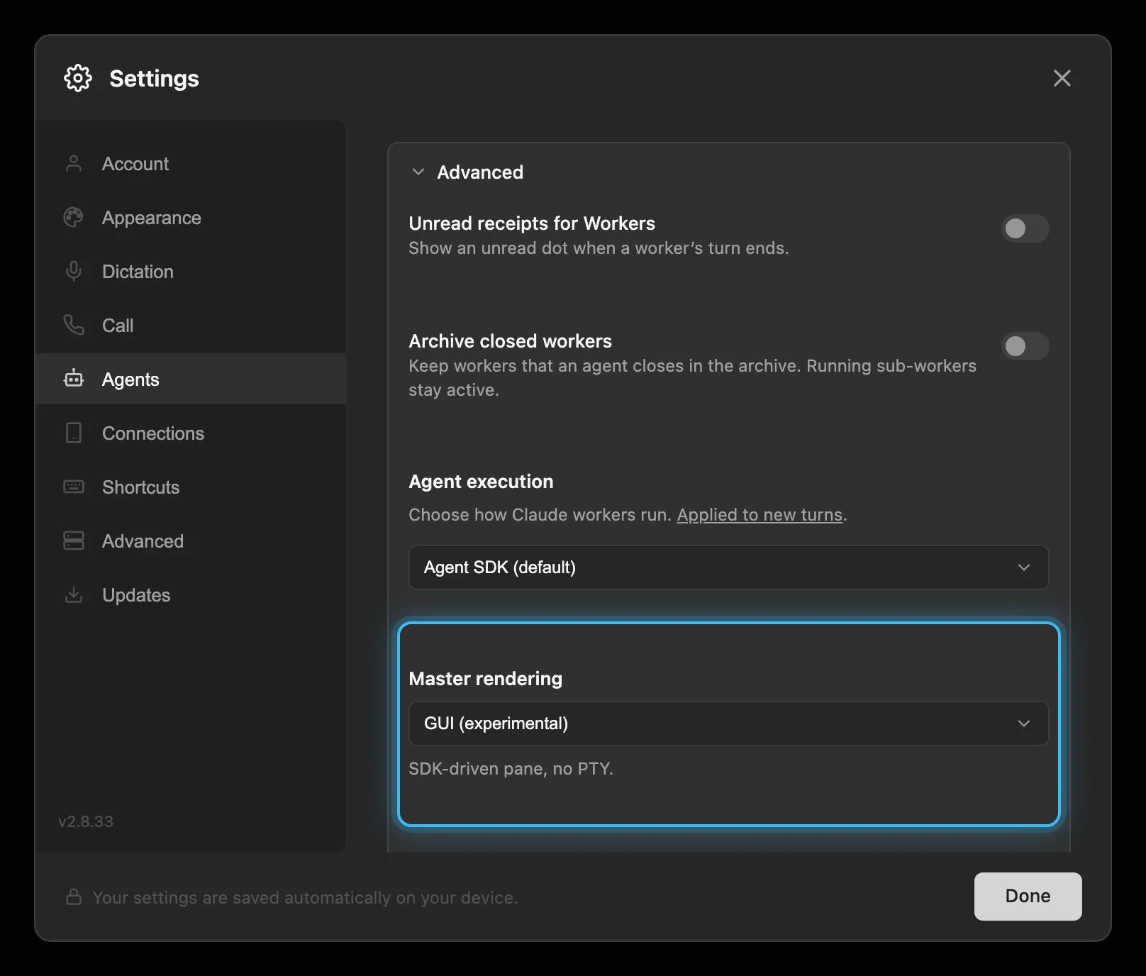 The Settings dialog, Agents section, with the Master rendering setting highlighted and GUI selected.