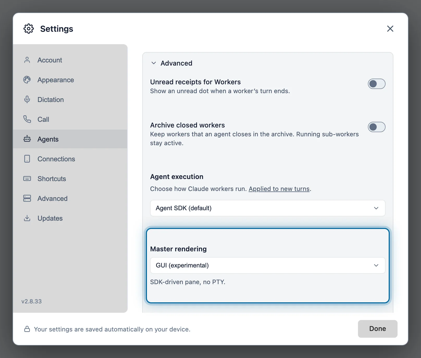 The Settings dialog, Agents section, with the Master rendering setting highlighted and GUI selected.