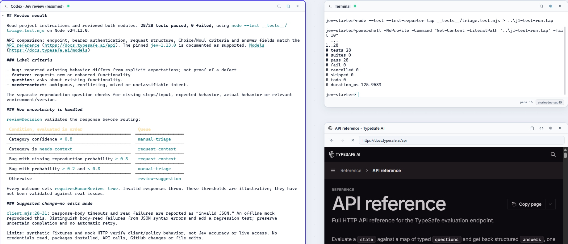 AgentGrid showing a coding-agent review of the Jev starter beside its local test output.
