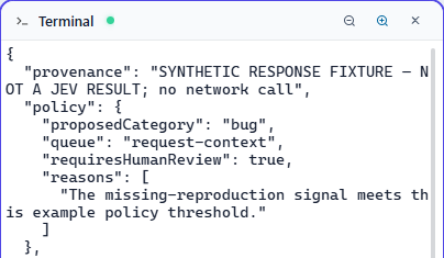 AgentGrid terminal showing synthetic fixture output with the request-context review queue.