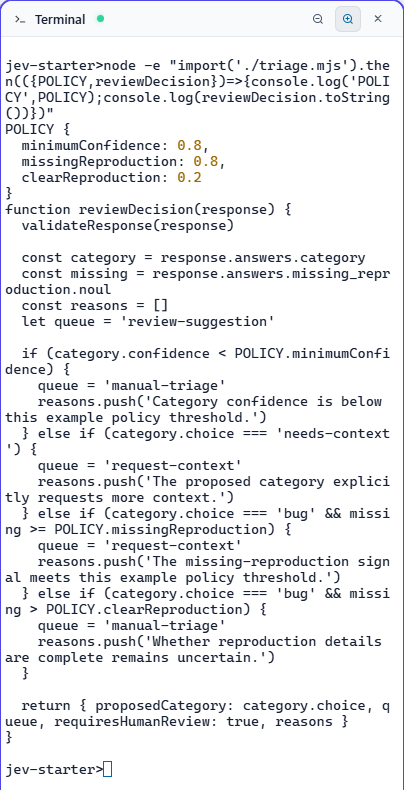 AgentGrid terminal displaying the starter's reviewDecision function and example thresholds, with requiresHumanReview set to true.