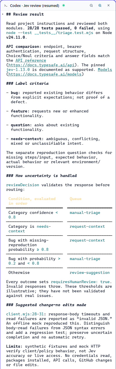AgentGrid terminal showing the resumed Codex review of the Jev starter, its review policy and offline-only limits.