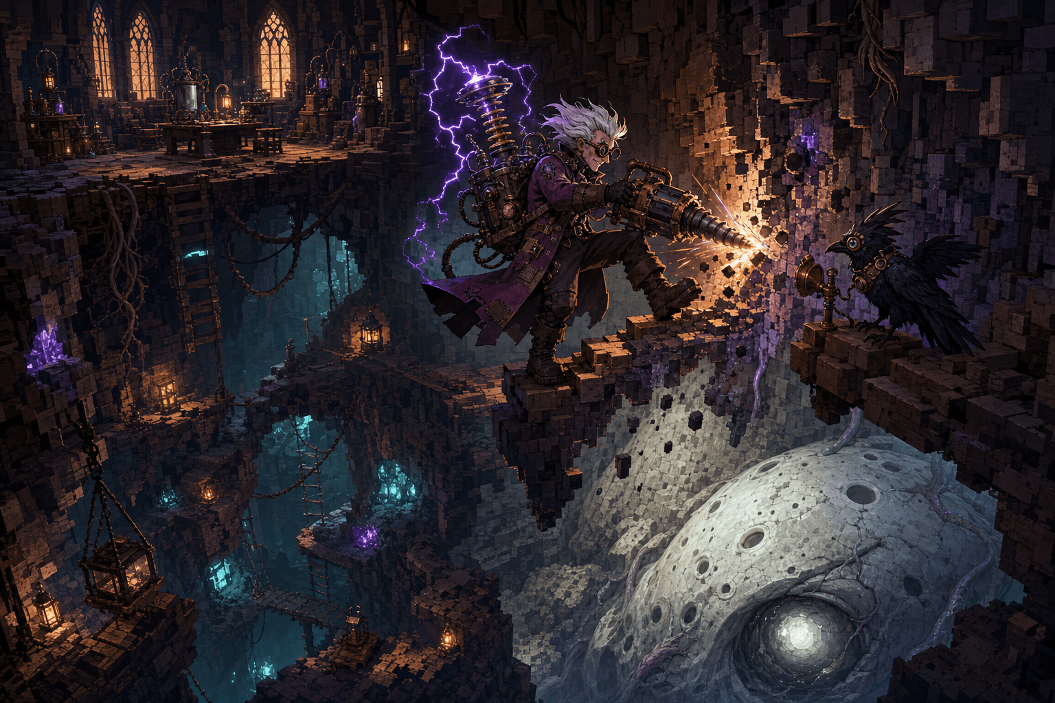 Vlad drilling through a blocky gothic cave above a giant lunar organism