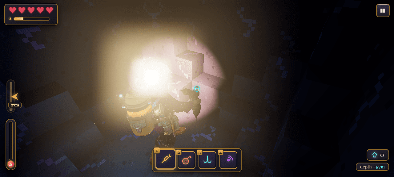 Vlad drilling a pale purple crystal seam in the dark Prismatic Geodes biome