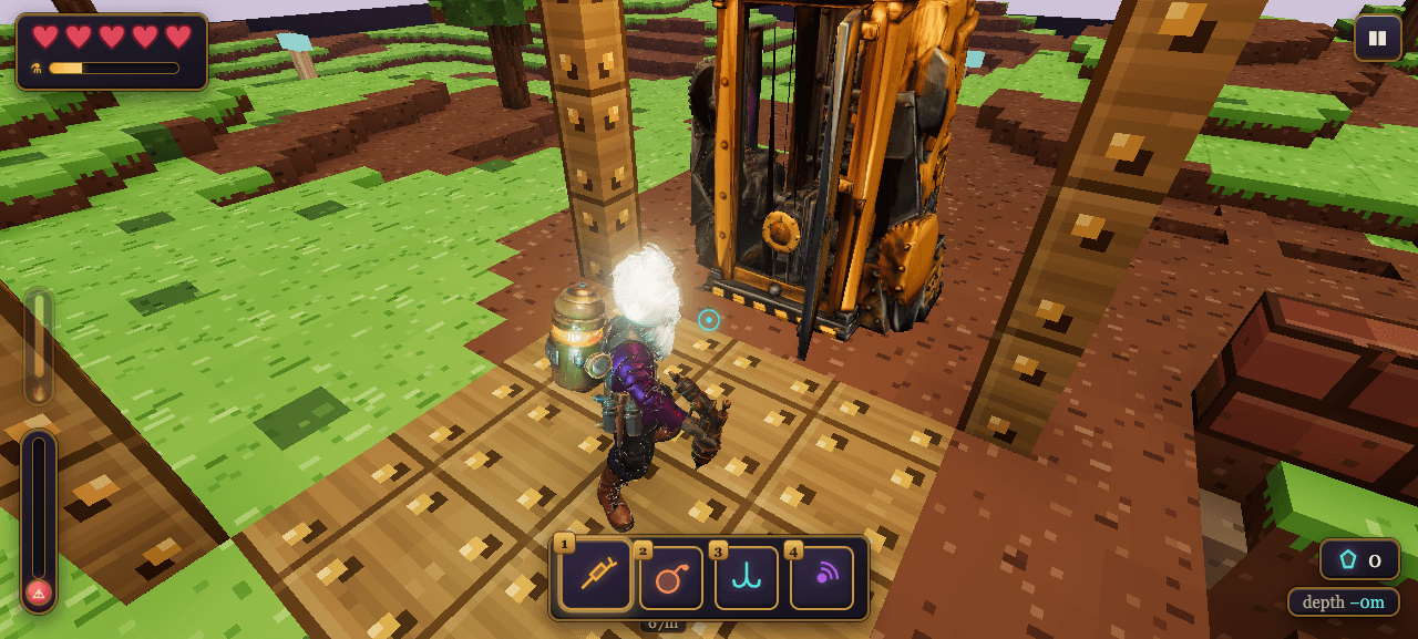 Vlad standing beside the ornate brass elevator at the voxel cave entrance