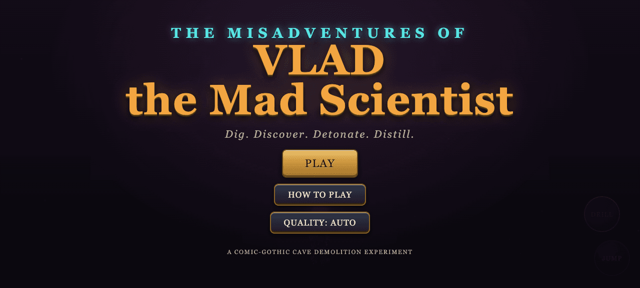 The Misadventures of Vlad the Mad Scientist title screen with Play and How to Play buttons