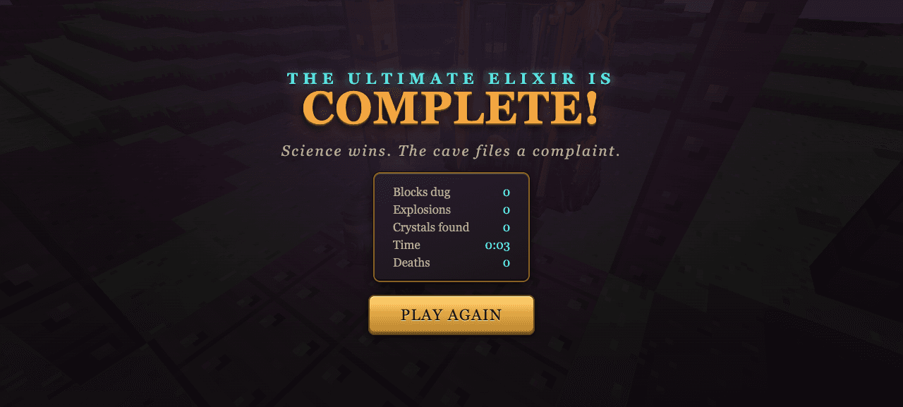 The Ultimate Elixir is Complete victory screen with expedition statistics