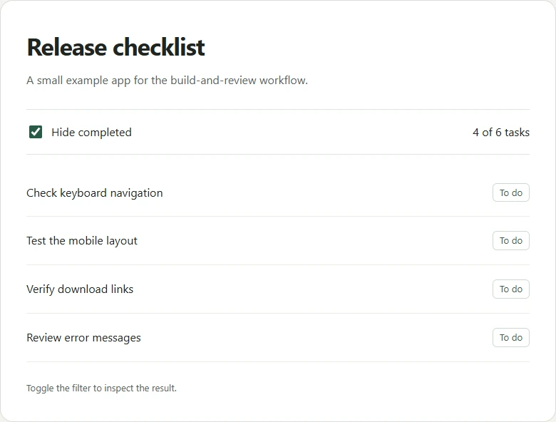 Release checklist after the fix: Hide completed is checked and four unfinished tasks are visible, each marked To do.