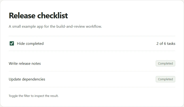 Release checklist before the fix: Hide completed is checked, but the list shows Write release notes and Update dependencies, both marked Completed.